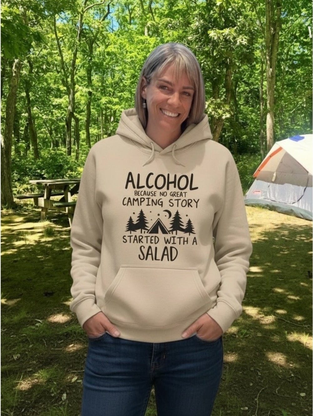 New custom funny sarcastic alcohol and camping themed hoodie. Size medium